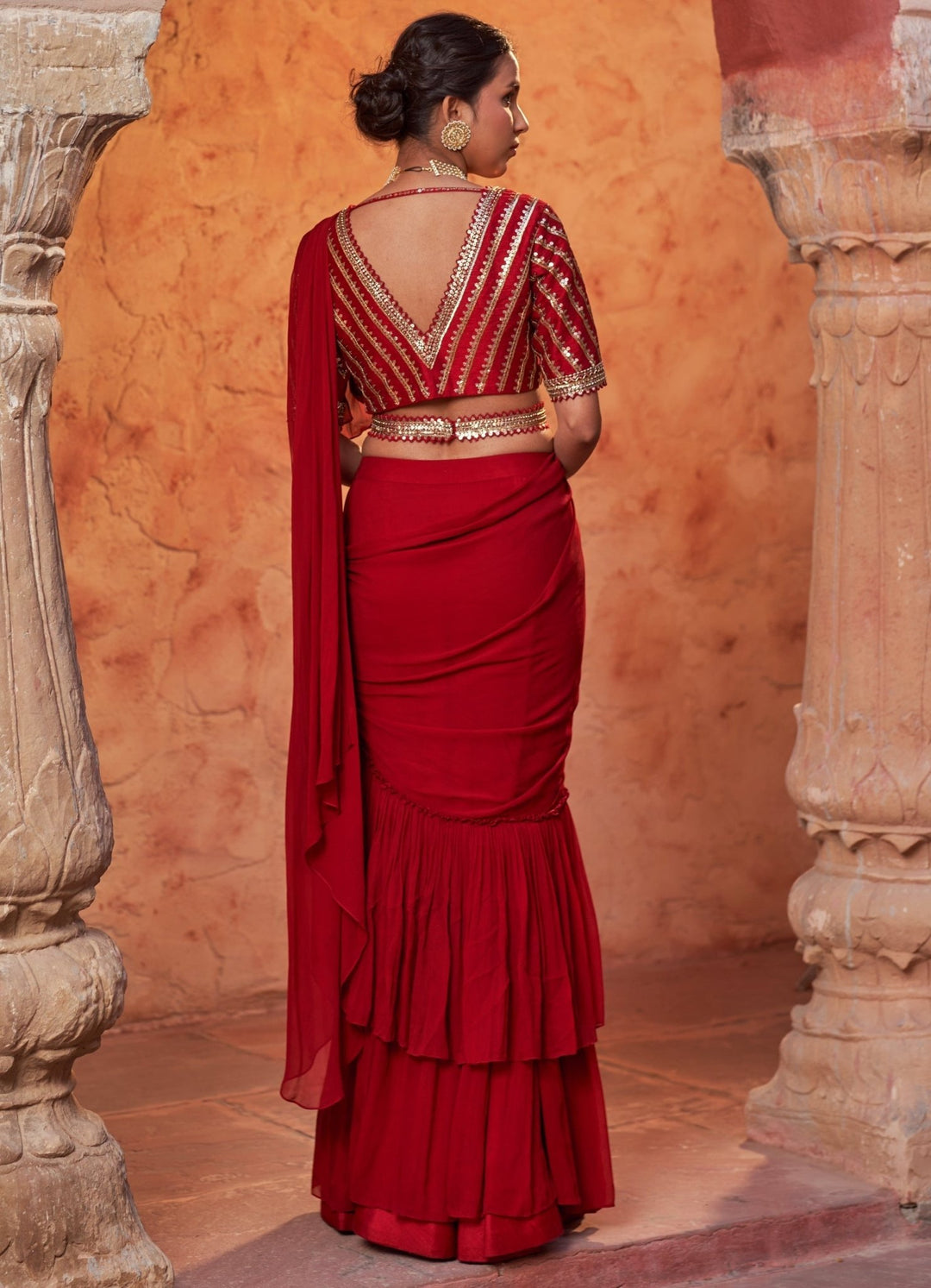 Red Pre-Draped Ruffled Silk Saree With Belt Nidhika Shekhar - Fabilicious Fashion