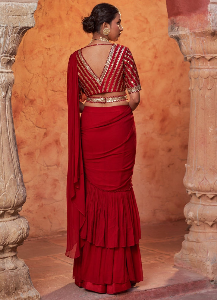 Red Pre-Draped Ruffled Silk Saree With Belt Nidhika Shekhar - Fabilicious Fashion