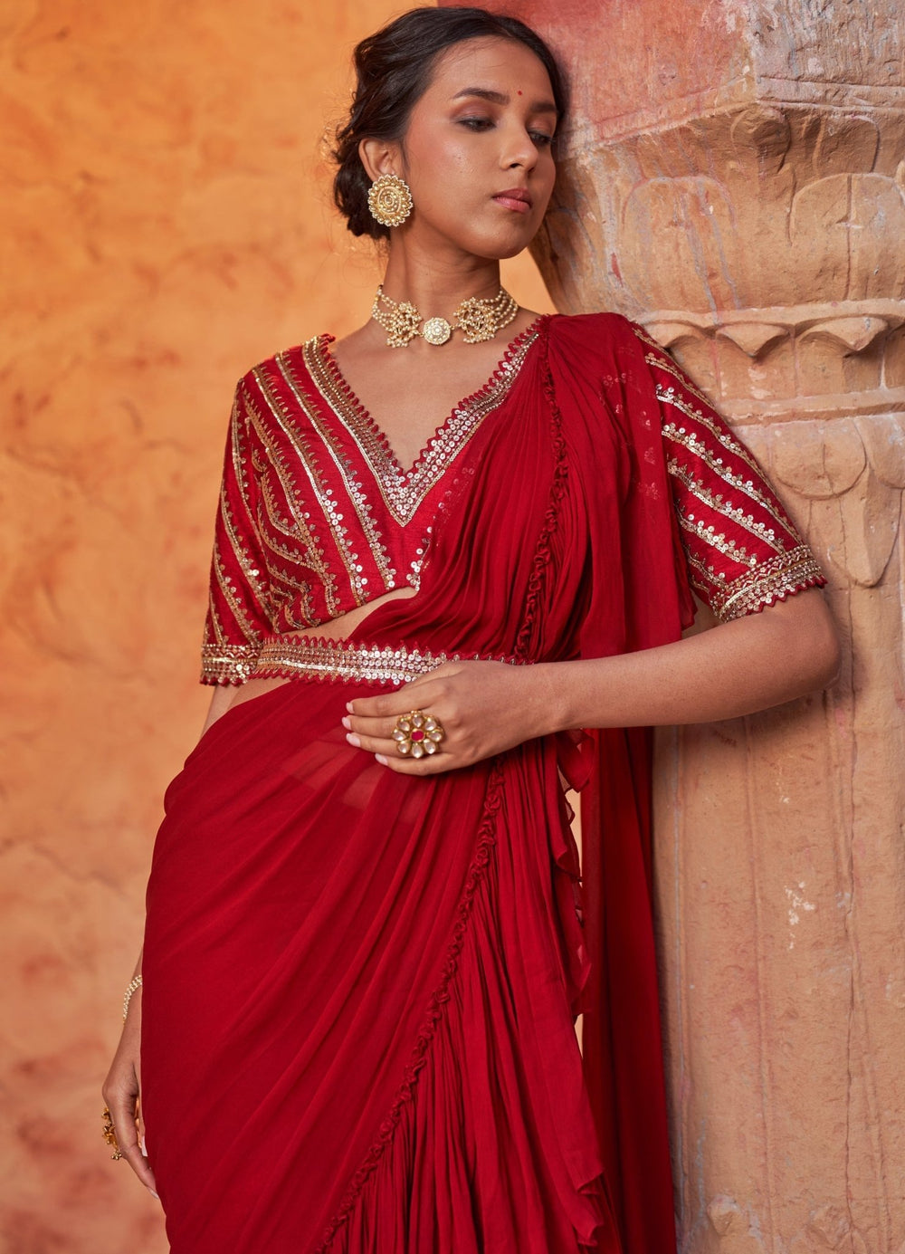 Red Pre-Draped Ruffled Silk Saree With Belt Nidhika Shekhar - Fabilicious Fashion