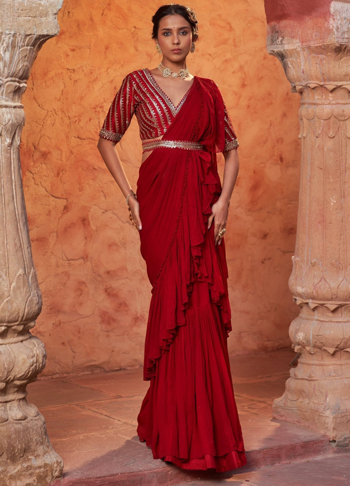 Red Pre-Draped Ruffled Silk Saree With Belt Nidhika Shekhar - Fabilicious Fashion