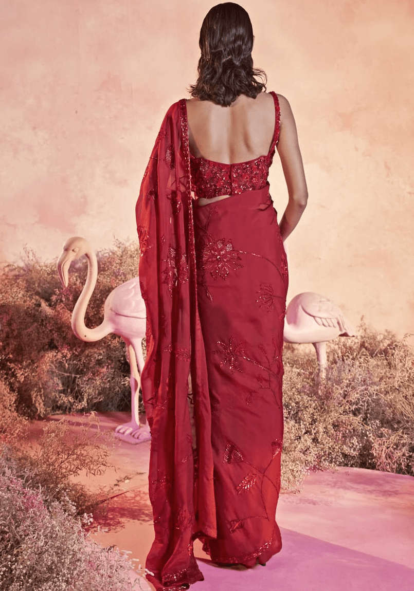 Red Pre Draped Saree With Embroidered Floral Motifs Parul Gandhi - Fabilicious Fashion
