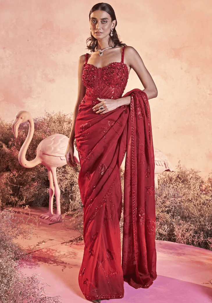 Red Pre Draped Saree With Embroidered Floral Motifs Parul Gandhi - Fabilicious Fashion