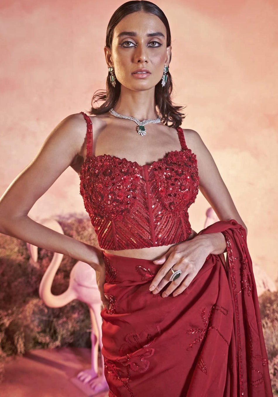 Red Pre Draped Saree With Embroidered Floral Motifs Parul Gandhi - Fabilicious Fashion
