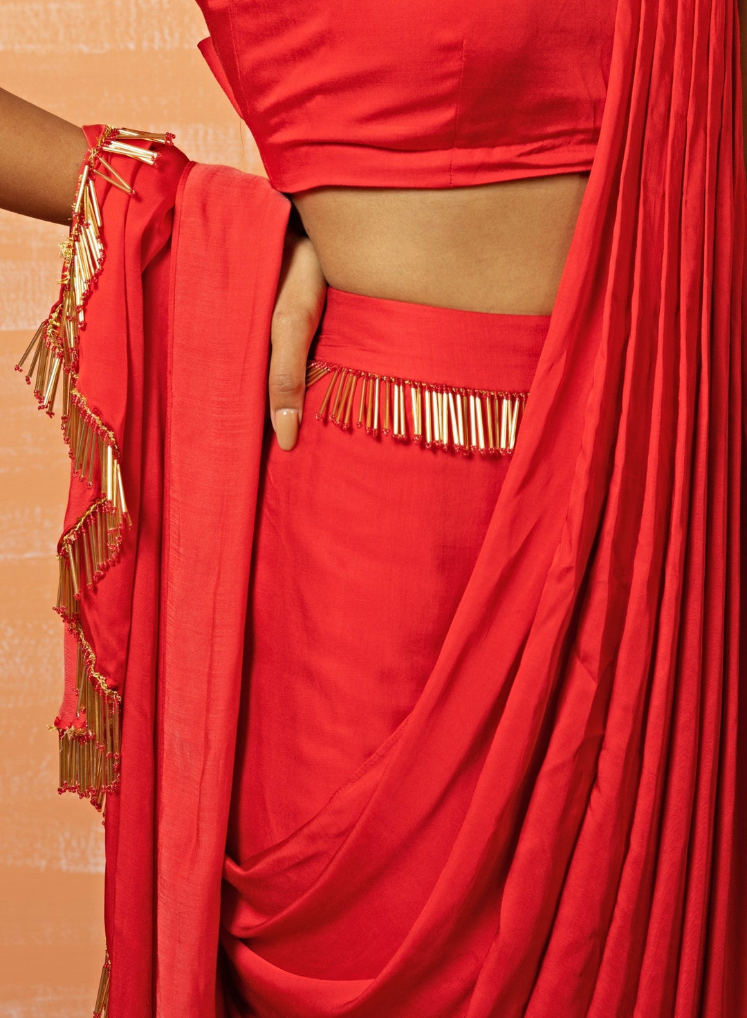 Red Predraped Lace Saree Set QAT By Agni - Fabilicious Fashion