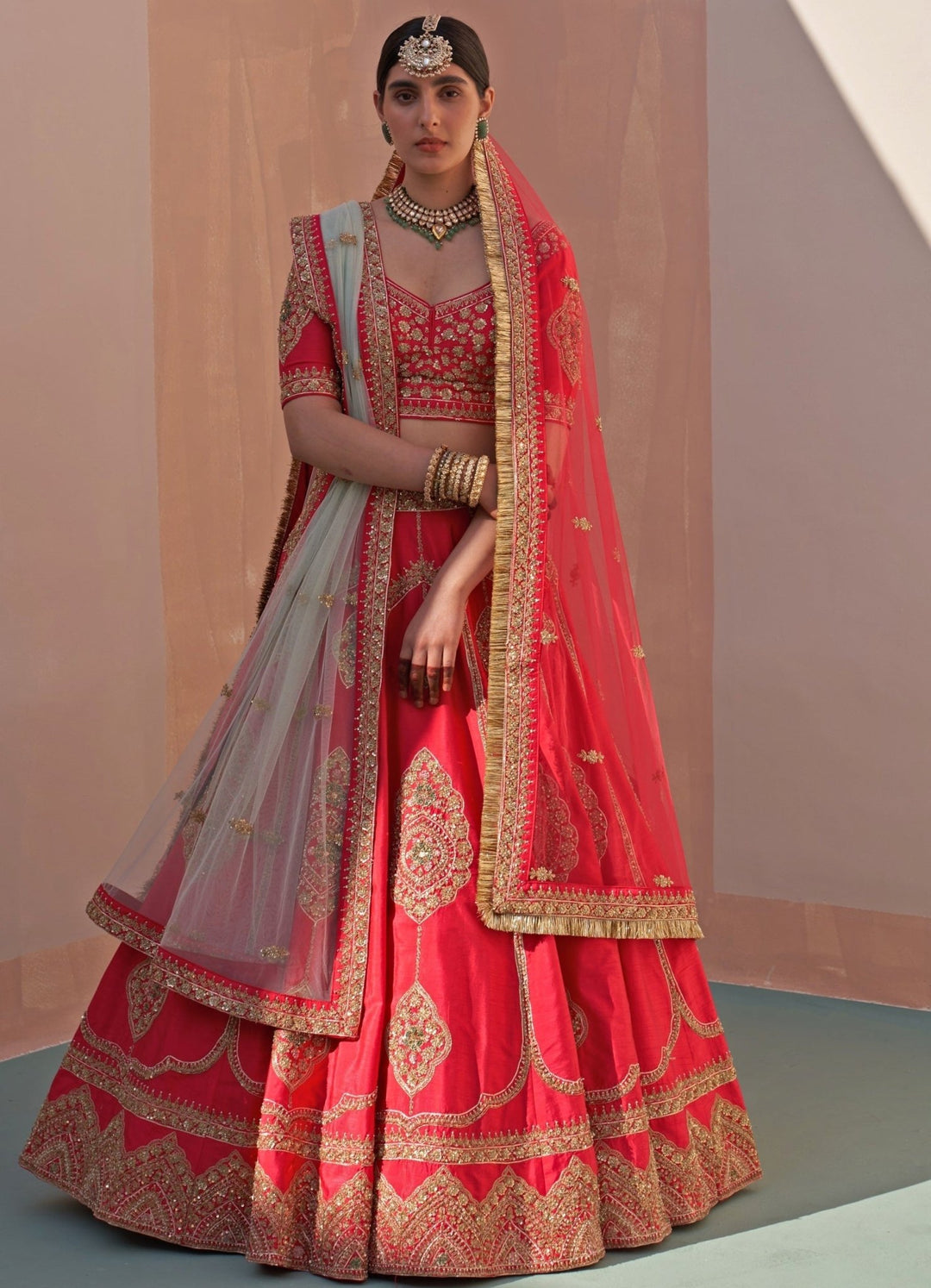 Red Raw Silk Mint and Matching Double Dupatta Lehenga Set Angad Singh - Fabilicious Fashion