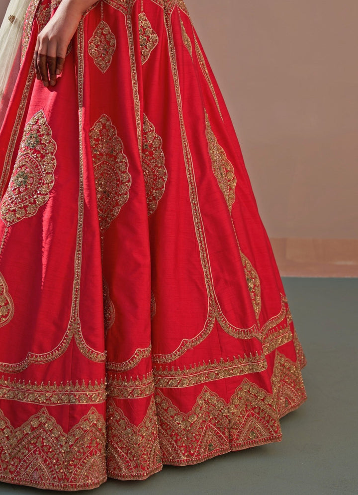 Red Raw Silk Mint and Matching Double Dupatta Lehenga Set Angad Singh - Fabilicious Fashion
