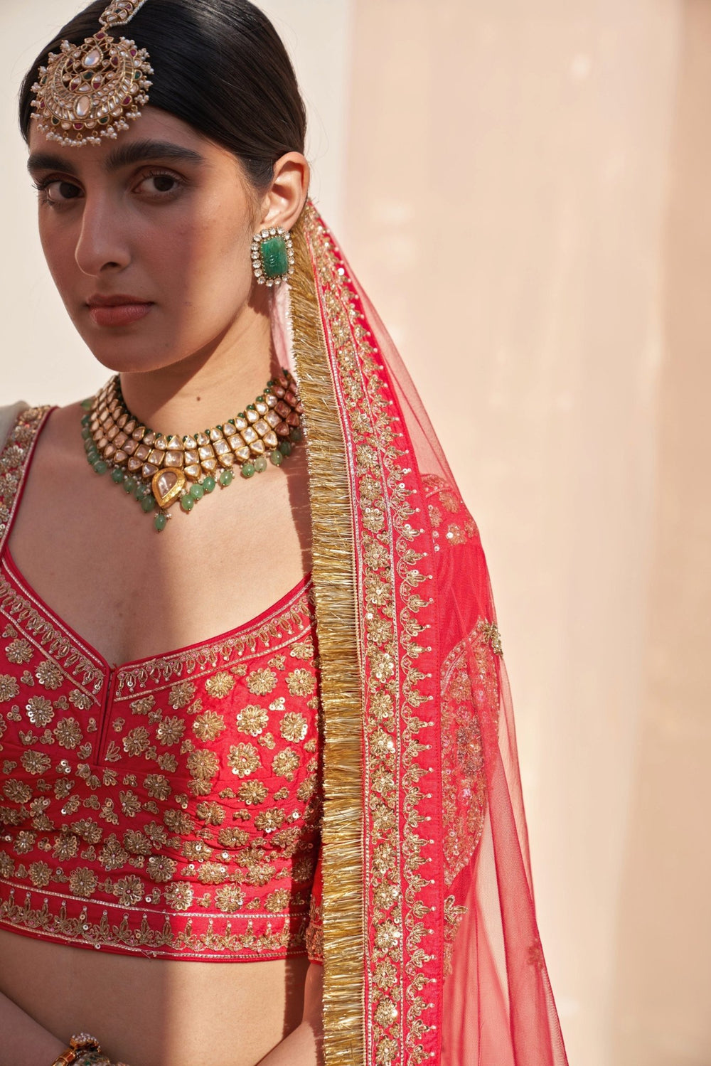 Red Raw Silk Mint and Matching Double Dupatta Lehenga Set Angad Singh - Fabilicious Fashion