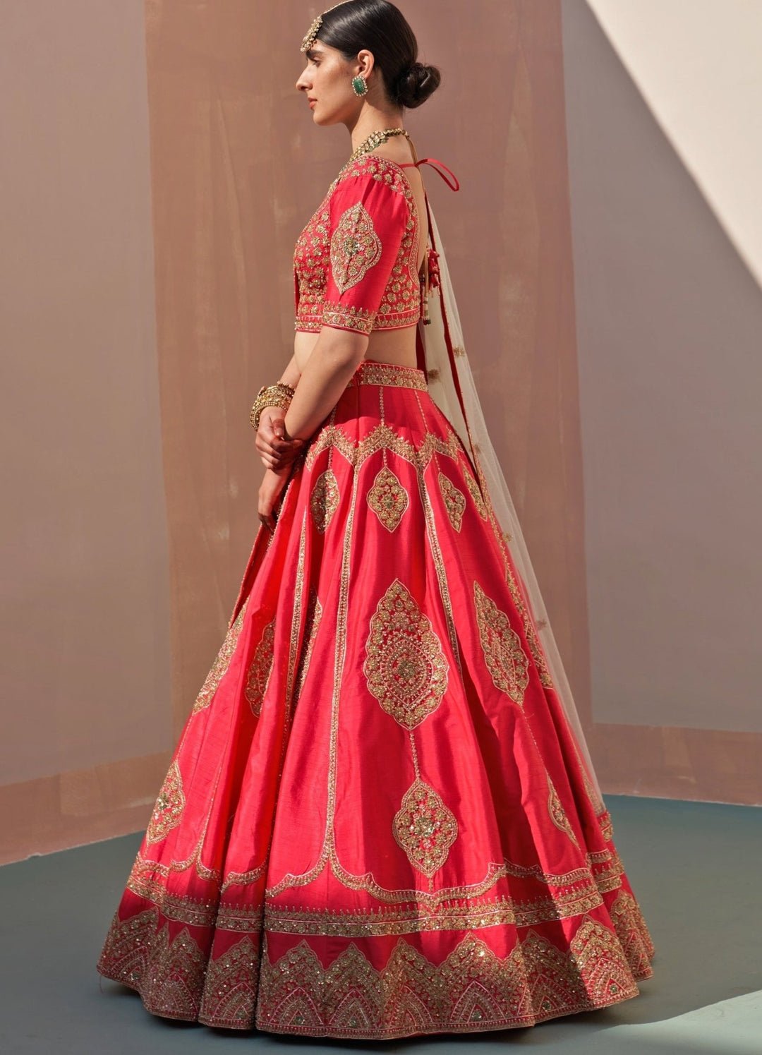 Red Raw Silk Mint and Matching Double Dupatta Lehenga Set Angad Singh - Fabilicious Fashion