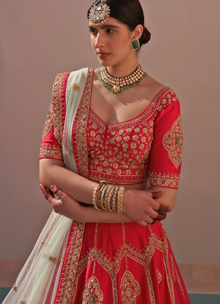 Red Raw Silk Mint and Matching Double Dupatta Lehenga Set Angad Singh - Fabilicious Fashion