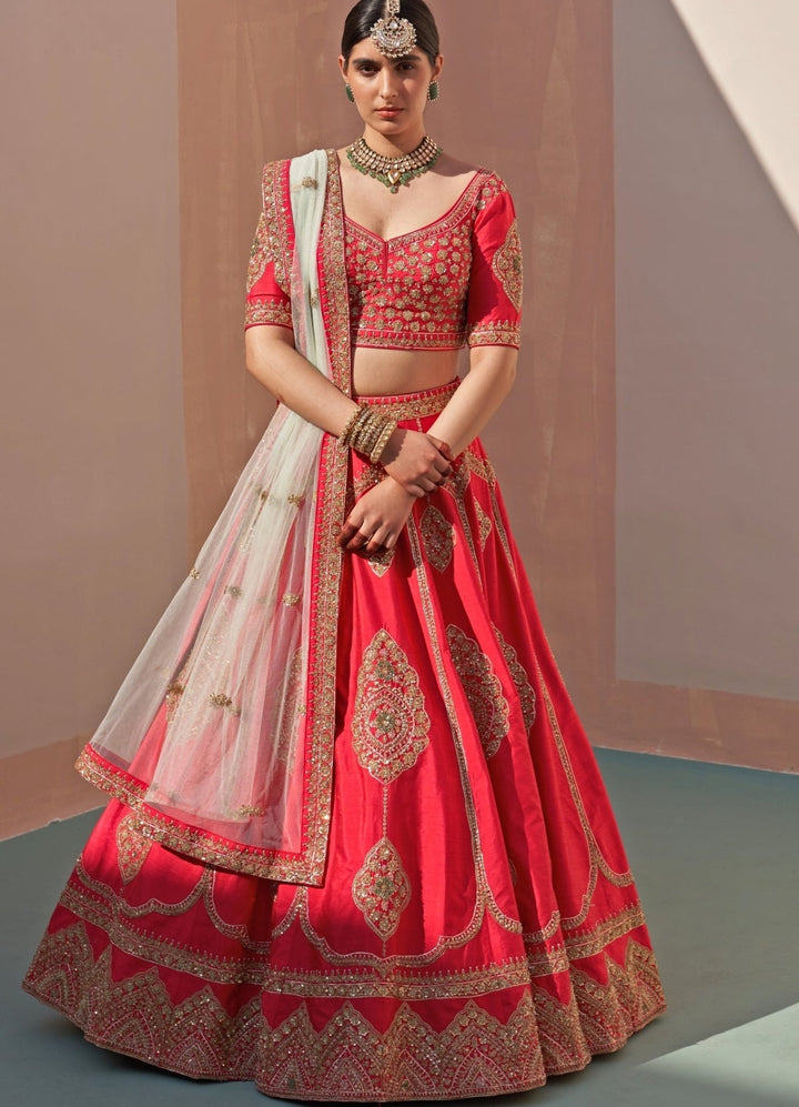 Red Raw Silk Mint and Matching Double Dupatta Lehenga Set Angad Singh - Fabilicious Fashion