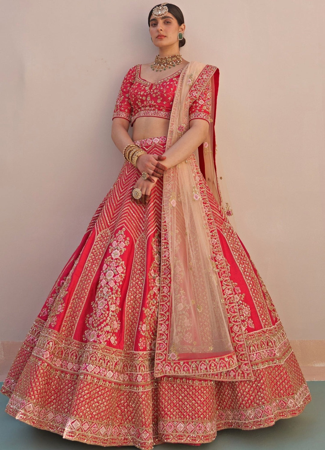 Red Raw Silk Ornate Double Dupatta Lehenga Set Angad Singh - Fabilicious Fashion