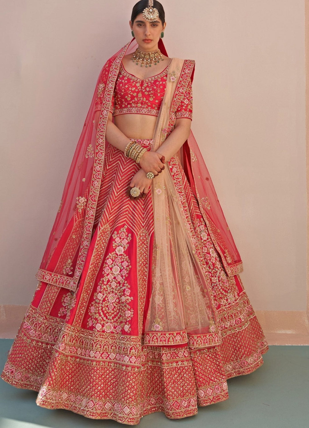 Red Raw Silk Ornate Double Dupatta Lehenga Set Angad Singh - Fabilicious Fashion