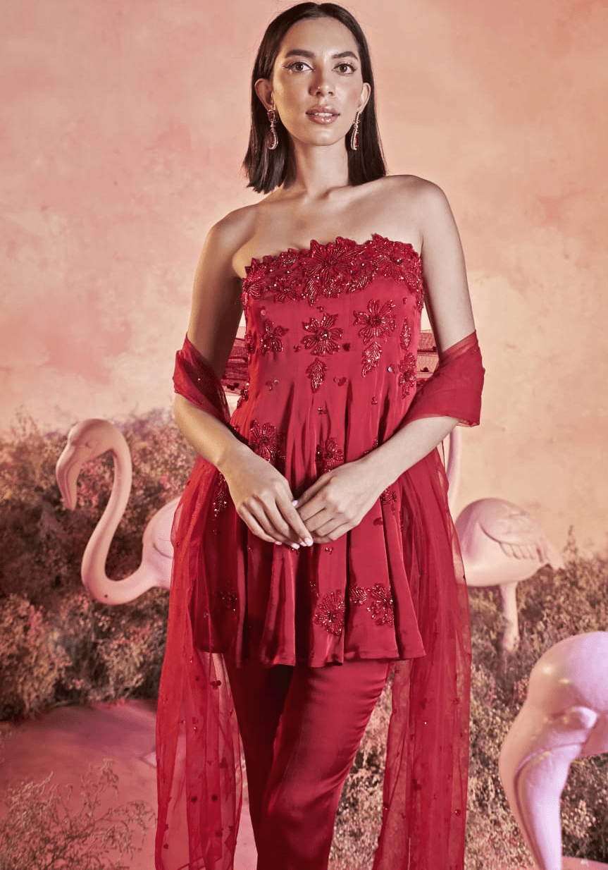 Red Satin Organza Embroidered Kurta Sharara Set Parul Gandhi - Fabilicious Fashion