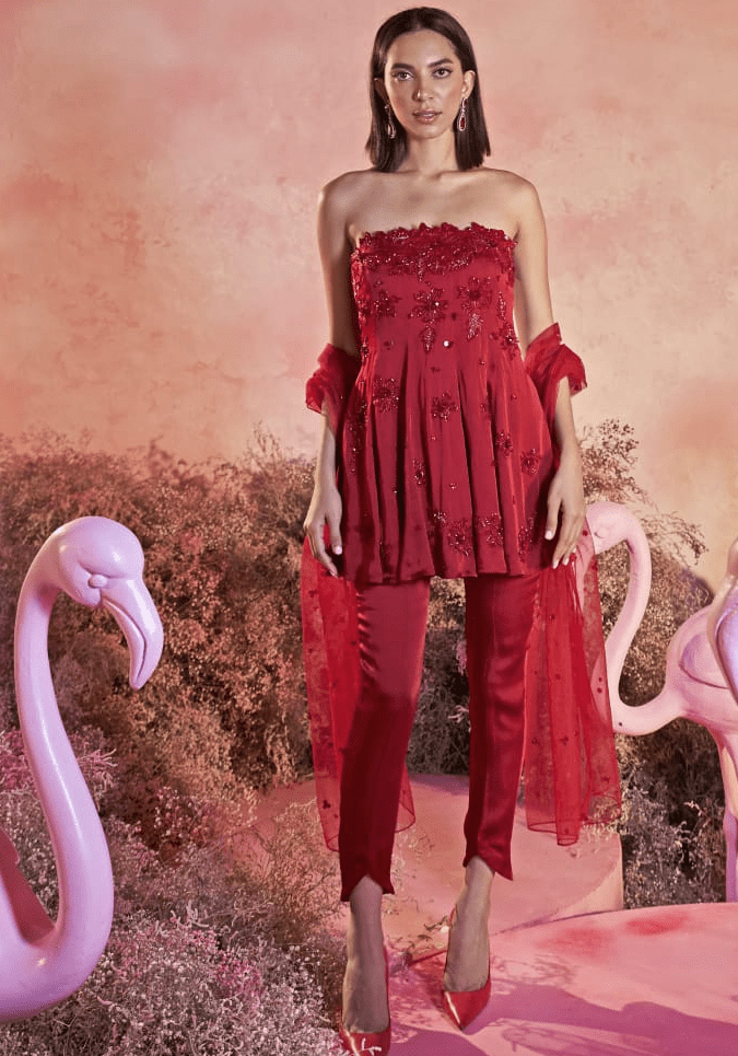 Red Satin Organza Embroidered Kurta Sharara Set Parul Gandhi - Fabilicious Fashion