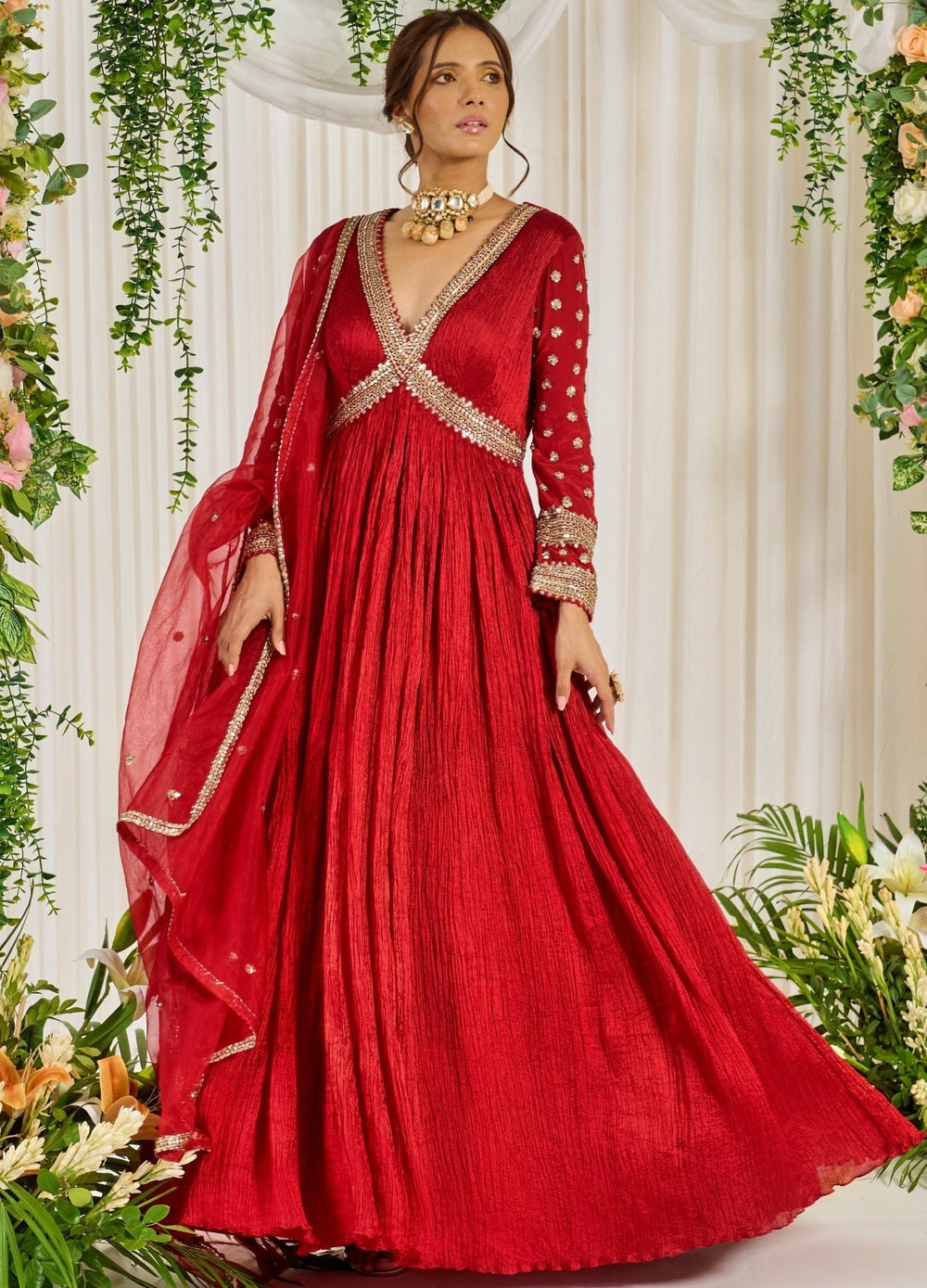 Red Silk Embellished Full Sleeved Anarkali With Organza Dupatta Nidhika Shekhar - Fabilicious Fashion