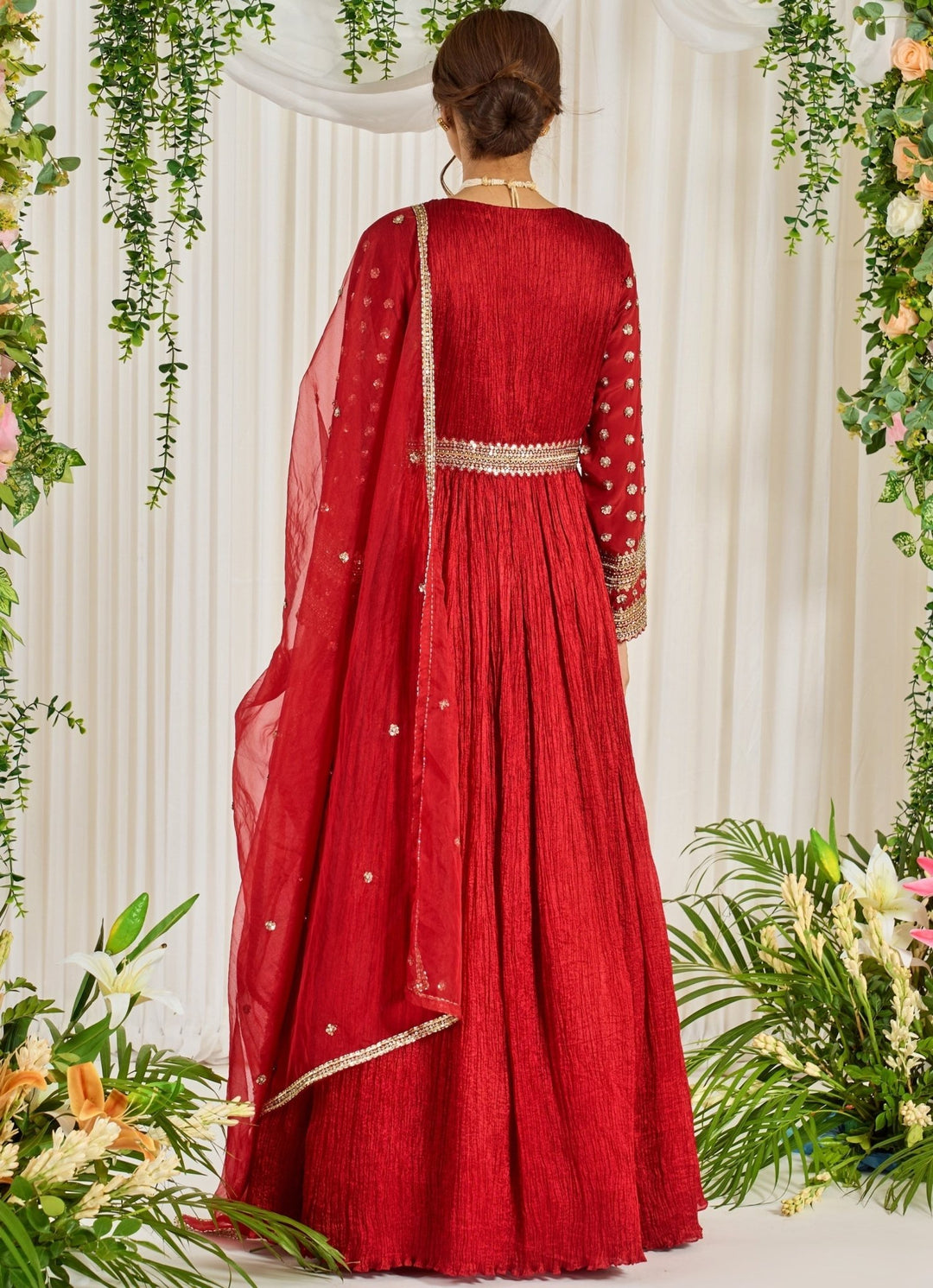 Red Silk Embellished Full Sleeved Anarkali With Organza Dupatta Nidhika Shekhar - Fabilicious Fashion