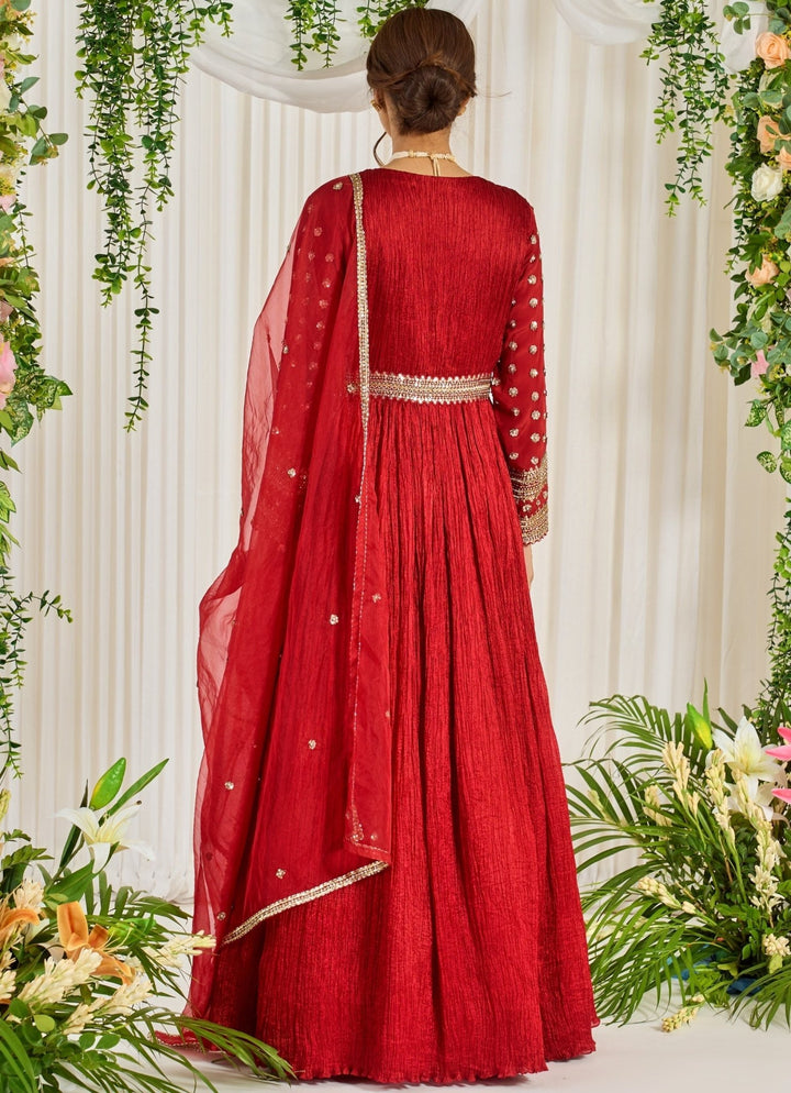 Red Silk Embellished Full Sleeved Anarkali With Organza Dupatta Nidhika Shekhar - Fabilicious Fashion