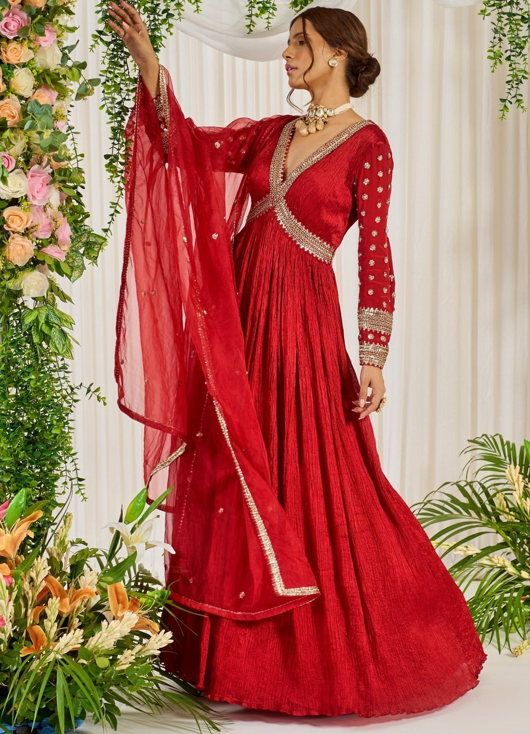 Red Silk Embellished Full Sleeved Anarkali With Organza Dupatta Nidhika Shekhar - Fabilicious Fashion