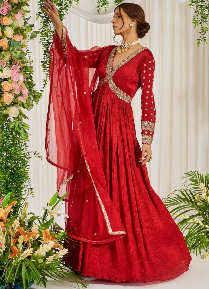 Red Silk Embellished Full Sleeved Anarkali With Organza Dupatta Nidhika Shekhar - Fabilicious Fashion