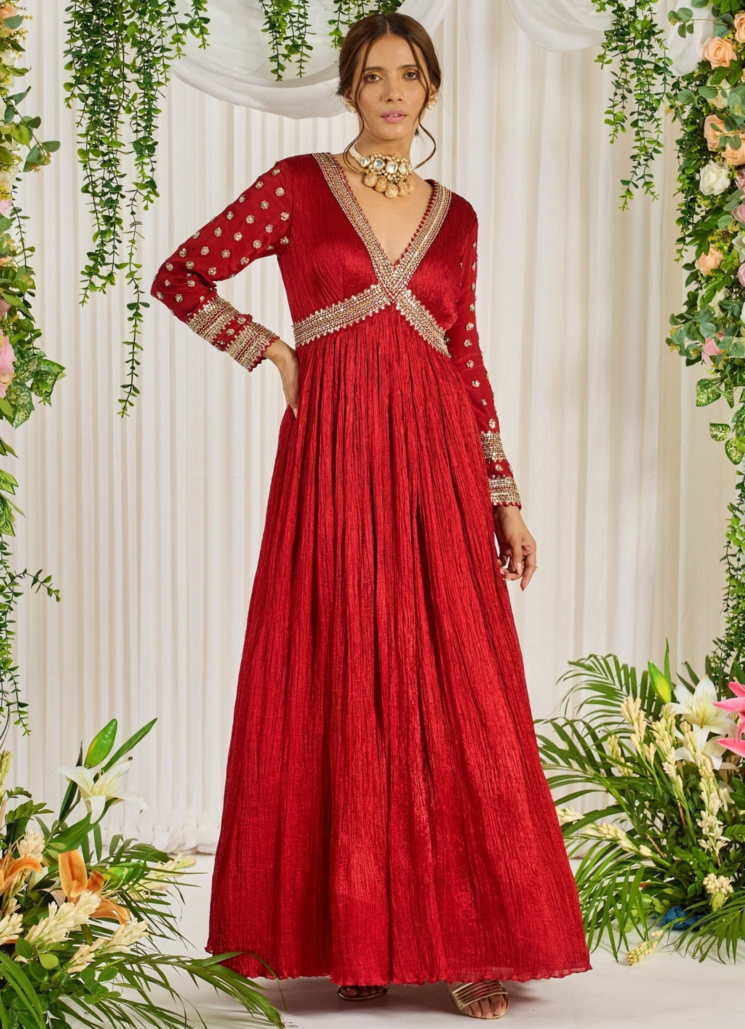 Red Silk Embellished Full Sleeved Anarkali With Organza Dupatta Nidhika Shekhar - Fabilicious Fashion