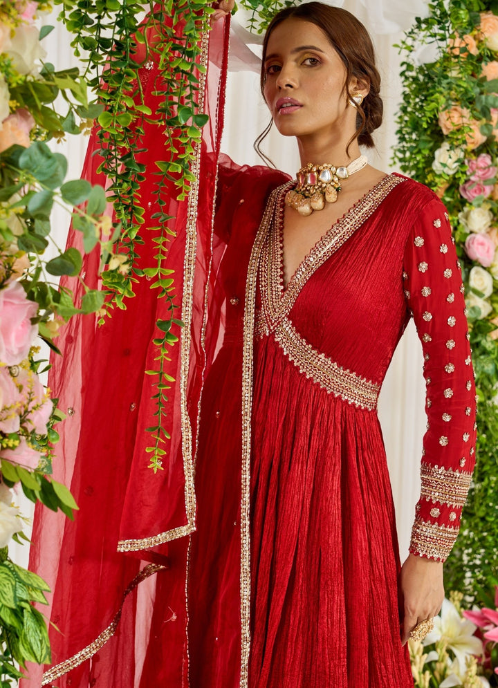 Red Silk Embellished Full Sleeved Anarkali With Organza Dupatta Nidhika Shekhar - Fabilicious Fashion