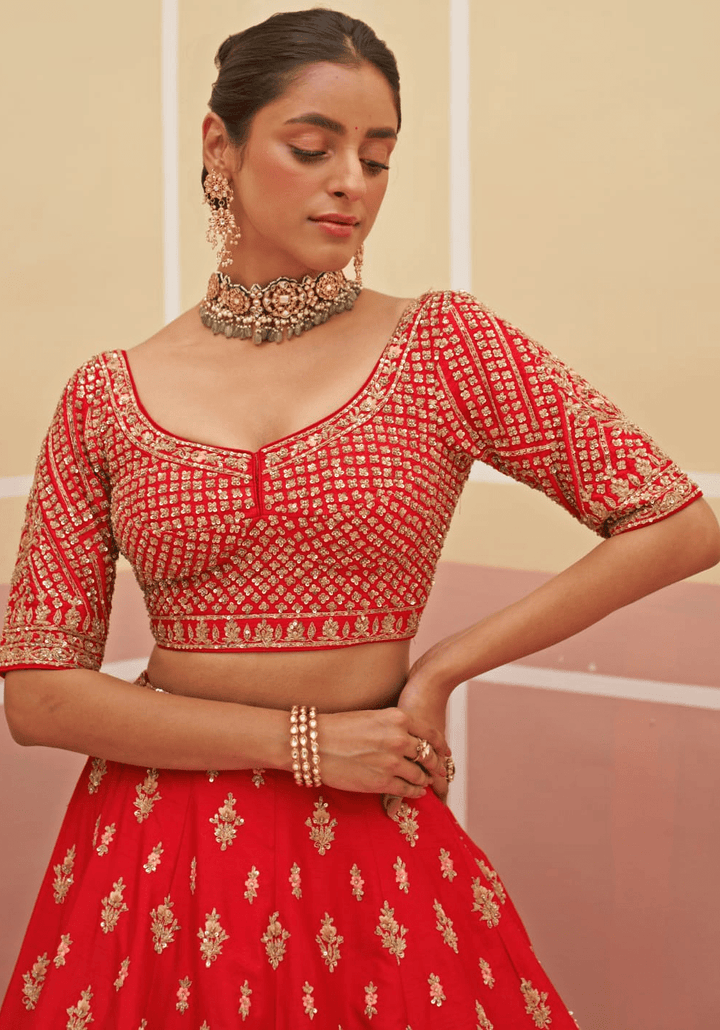Red Silk Embroidered Bridal Lehenga Angad Singh - Fabilicious Fashion