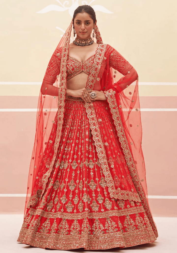 Red Silk Embroidered Bridal Lehenga Angad Singh - Fabilicious Fashion