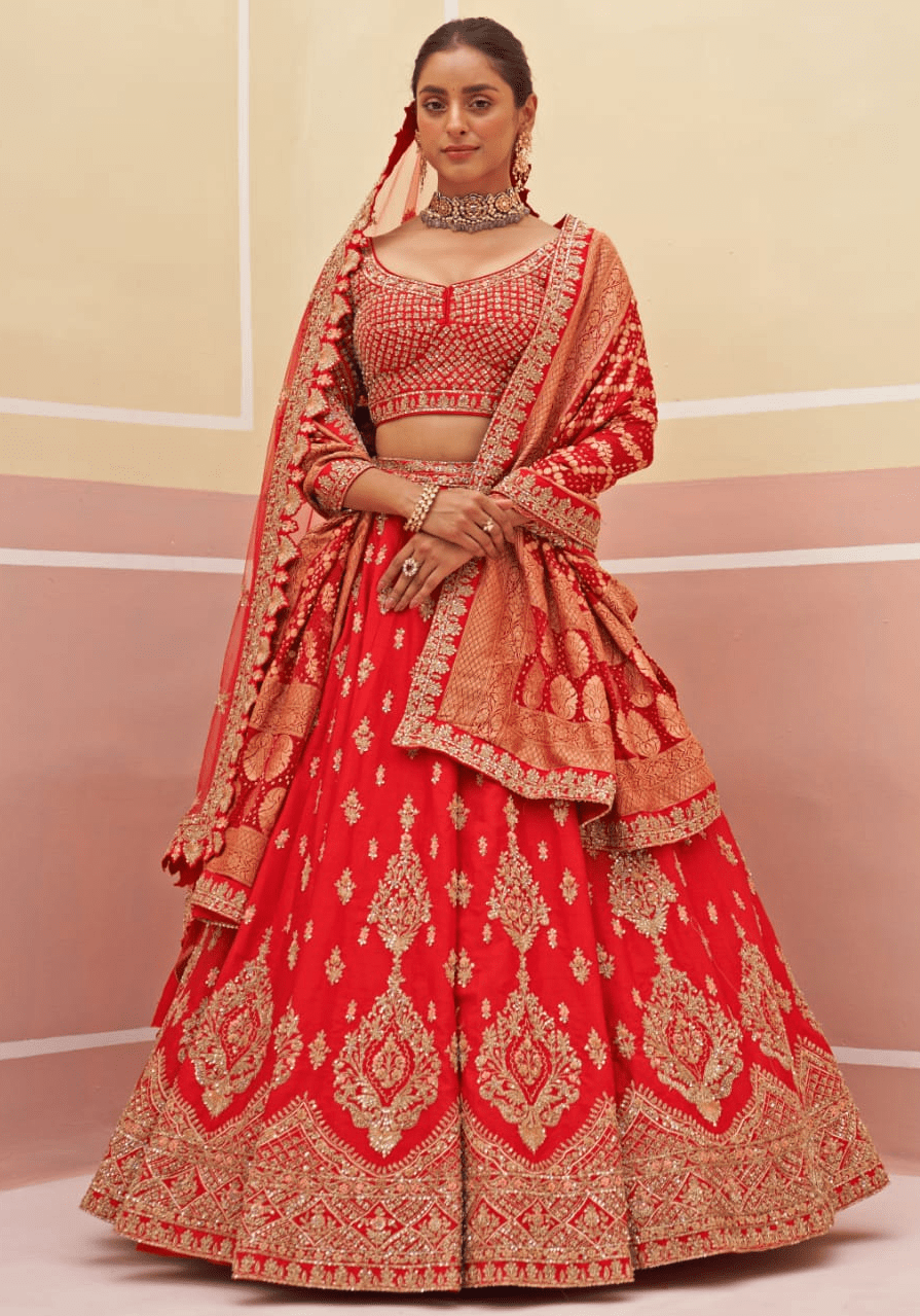 Red Silk Embroidered Bridal Lehenga Angad Singh - Fabilicious Fashion