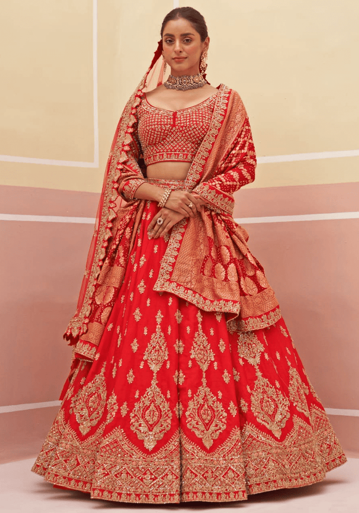Red Silk Embroidered Bridal Lehenga Angad Singh - Fabilicious Fashion
