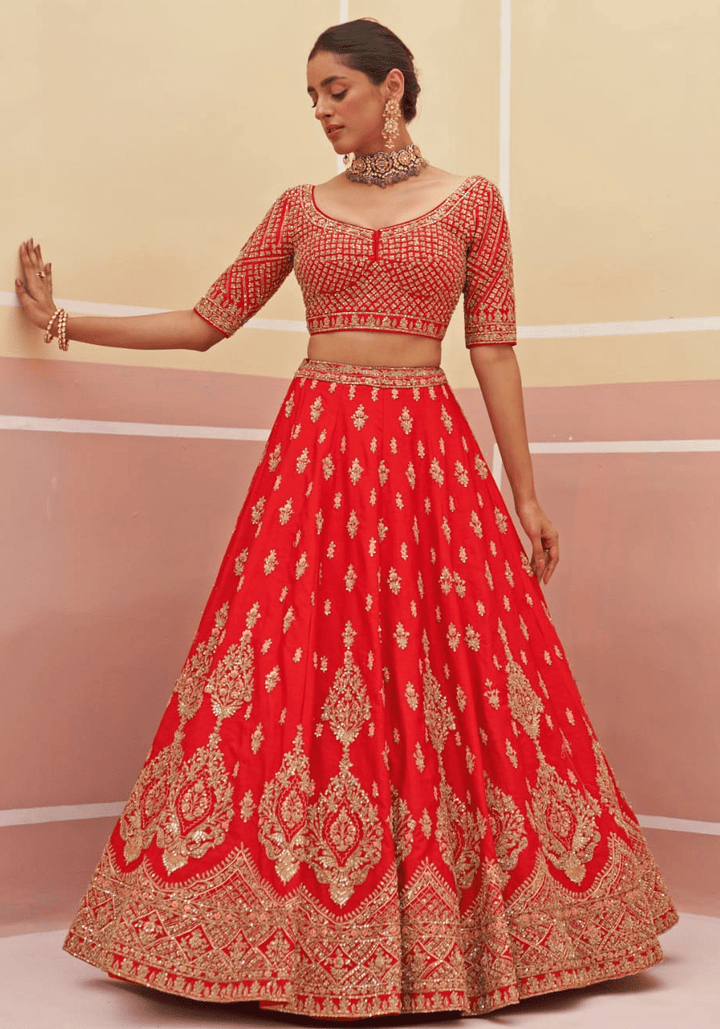 Red Silk Embroidered Bridal Lehenga Angad Singh - Fabilicious Fashion