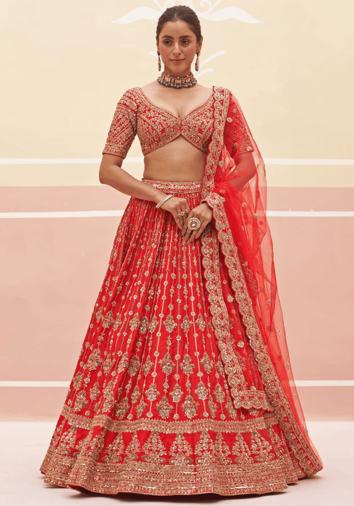 Red Silk Embroidered Bridal Lehenga Angad Singh - Fabilicious Fashion