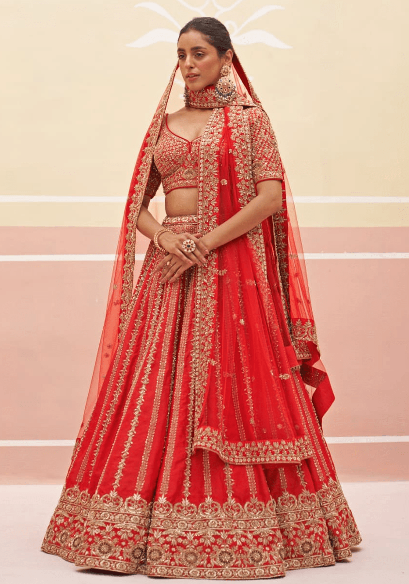 Red Silk Linear Embroidered Bridal Lehenga Angad Singh - Fabilicious Fashion