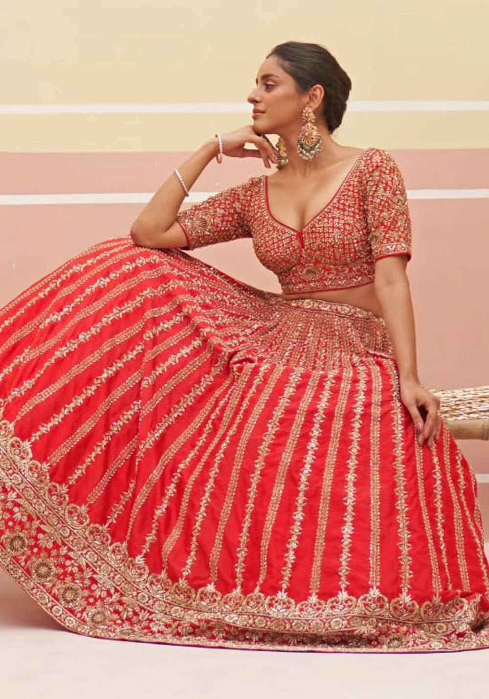 Red Silk Linear Embroidered Bridal Lehenga Angad Singh - Fabilicious Fashion