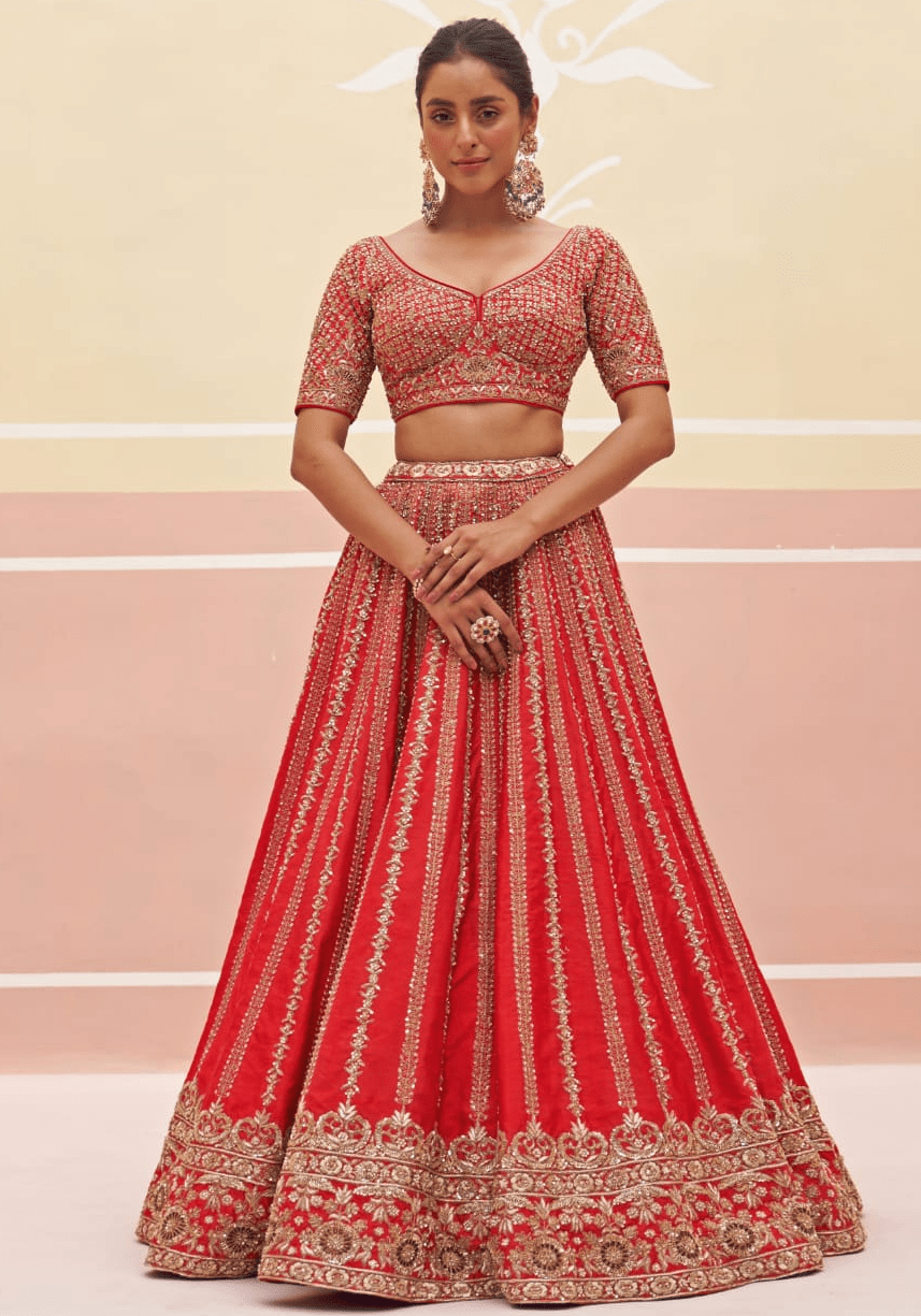 Red Silk Linear Embroidered Bridal Lehenga Angad Singh - Fabilicious Fashion