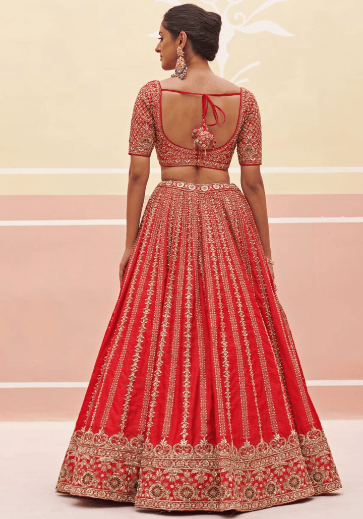 Red Silk Linear Embroidered Bridal Lehenga Angad Singh - Fabilicious Fashion