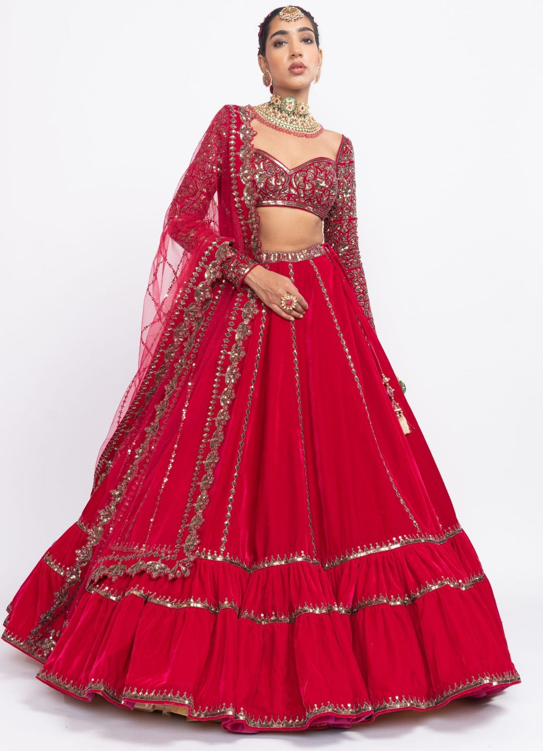 Red Tiered Lehenga Set Vvani by Vani Vats - Fabilicious Fashion