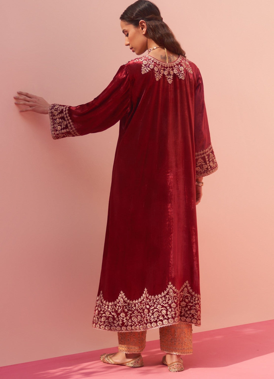 Regal Red And Mustard Yellow Velvet Kurta Set Angad Singh - Fabilicious Fashion