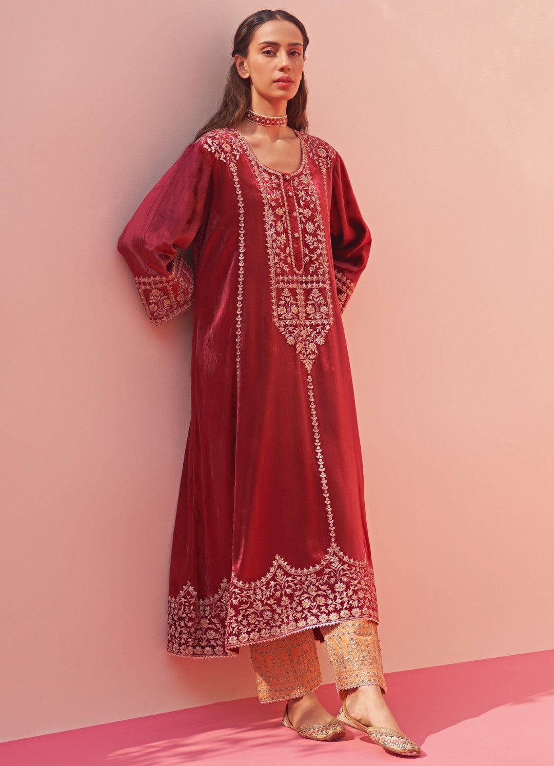 Regal Red And Mustard Yellow Velvet Kurta Set Angad Singh - Fabilicious Fashion