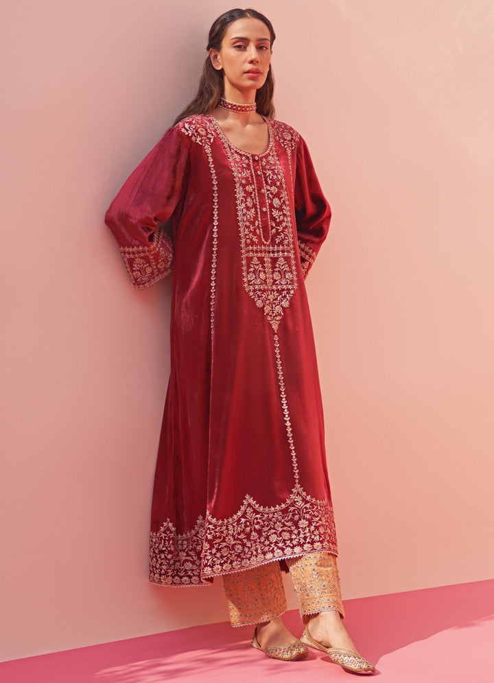 Regal Red And Mustard Yellow Velvet Kurta Set Angad Singh - Fabilicious Fashion