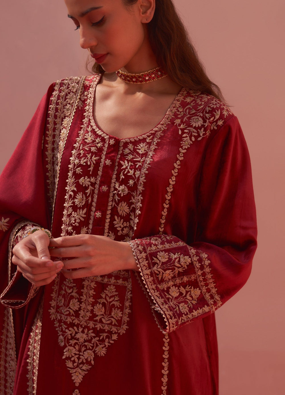 Regal Red And Mustard Yellow Velvet Kurta Set Angad Singh - Fabilicious Fashion