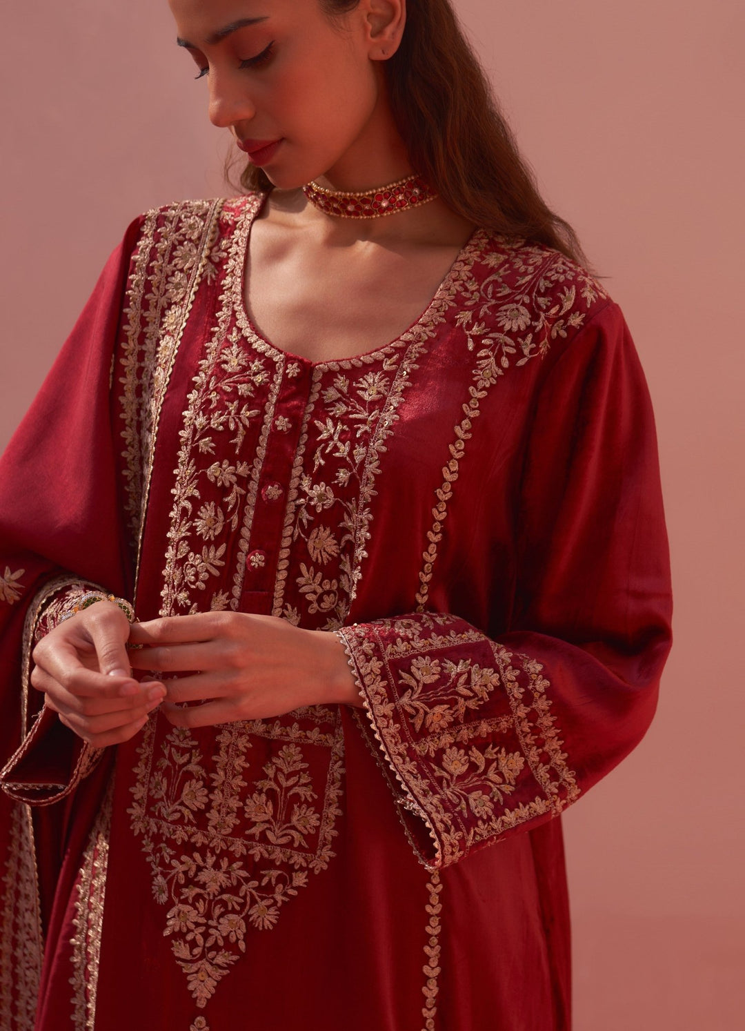 Regal Red And Mustard Yellow Velvet Kurta Set Angad Singh - Fabilicious Fashion