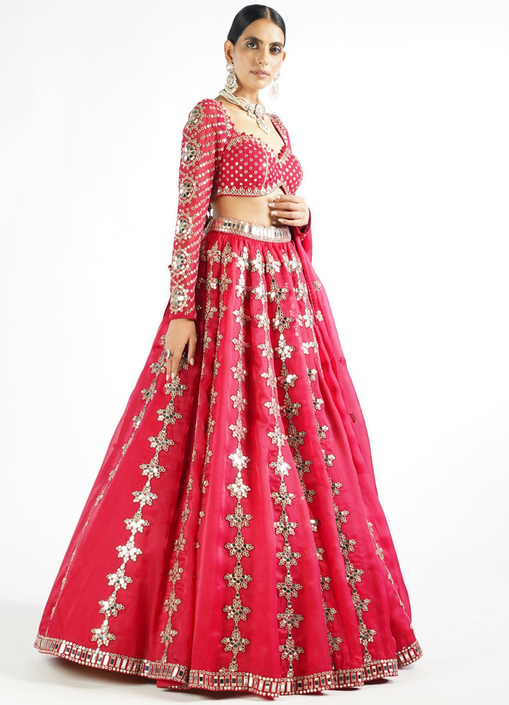 Regal Red Chandelier Drop Lehenga Set With Full Sleeves Blouse Vvani by Vani Vats - Fabilicious Fashion