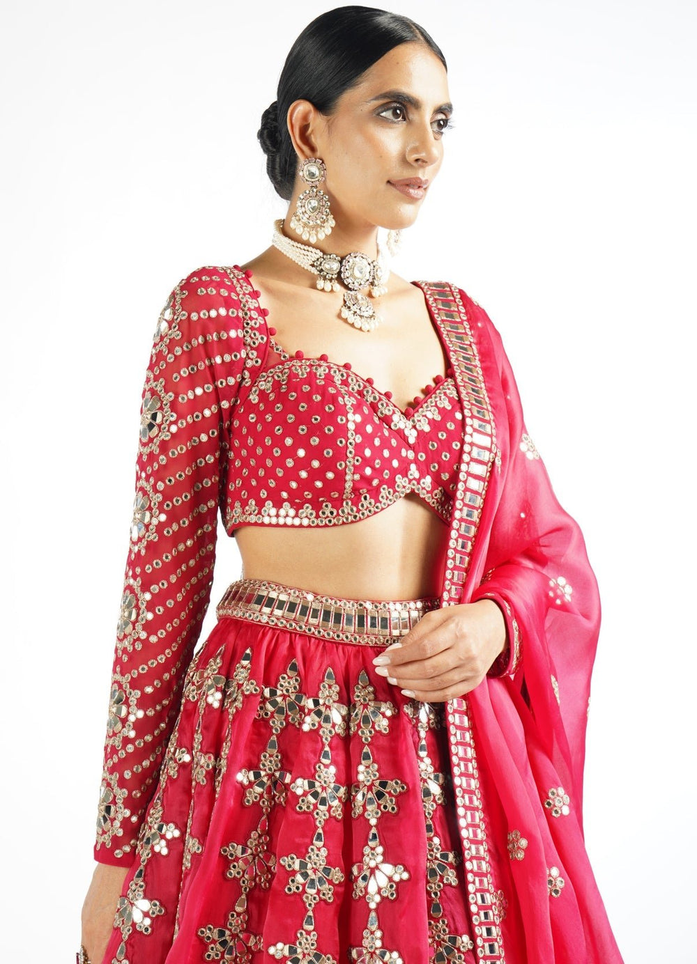 Regal Red Chandelier Drop Lehenga Set With Full Sleeves Blouse Vvani by Vani Vats - Fabilicious Fashion