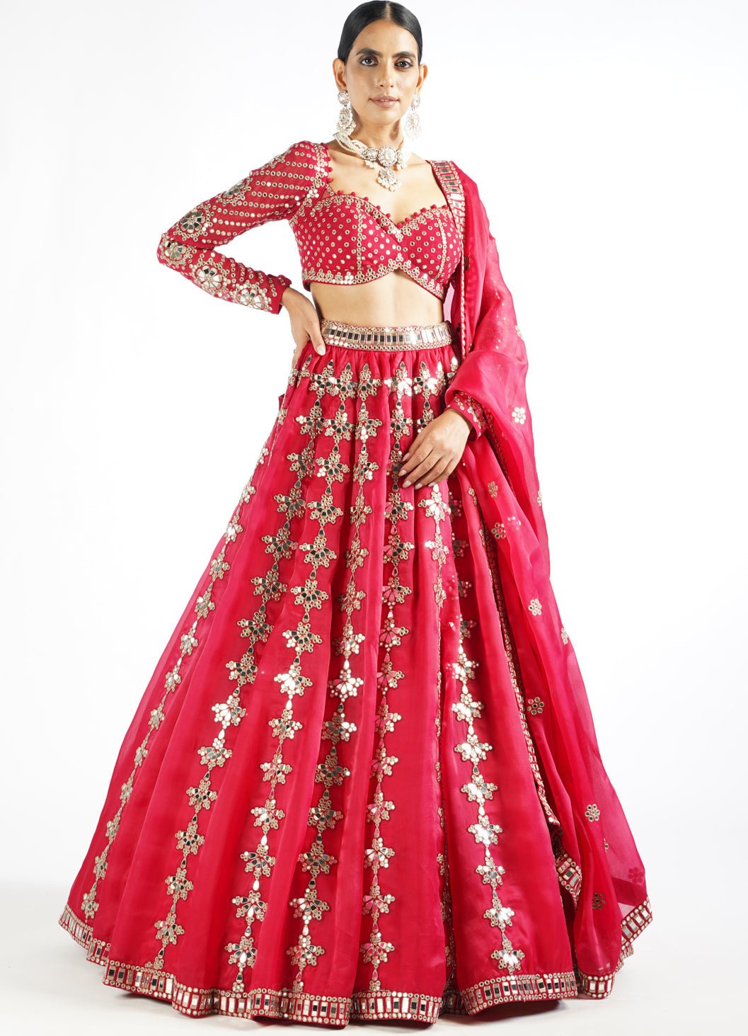 Regal Red Chandelier Drop Lehenga Set With Full Sleeves Blouse Vvani by Vani Vats - Fabilicious Fashion