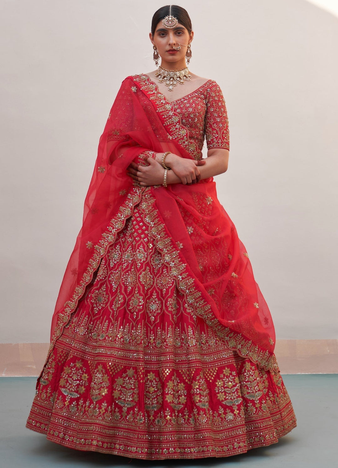 Regal Red Flower Bouquet Double Dupatta Lehenga Set Angad Singh - Fabilicious Fashion