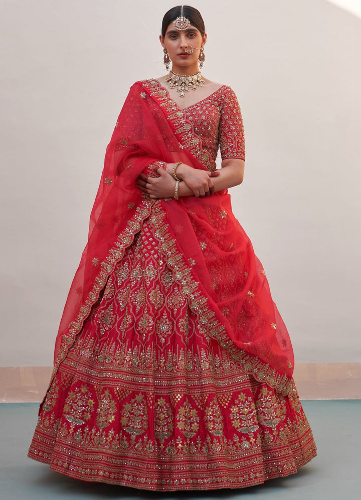 Regal Red Flower Bouquet Double Dupatta Lehenga Set Angad Singh - Fabilicious Fashion