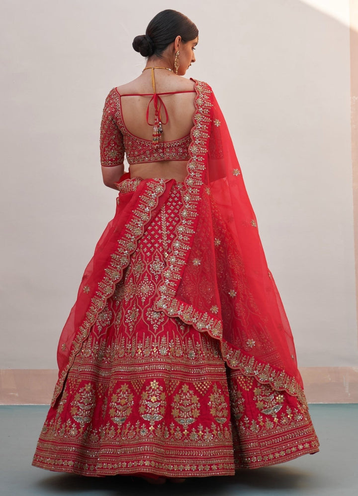 Regal Red Flower Bouquet Double Dupatta Lehenga Set Angad Singh - Fabilicious Fashion