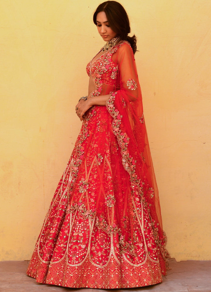 Regal Red Paan Motif Embroidered Lehenga Set Chamee n Palak - Fabilicious Fashion