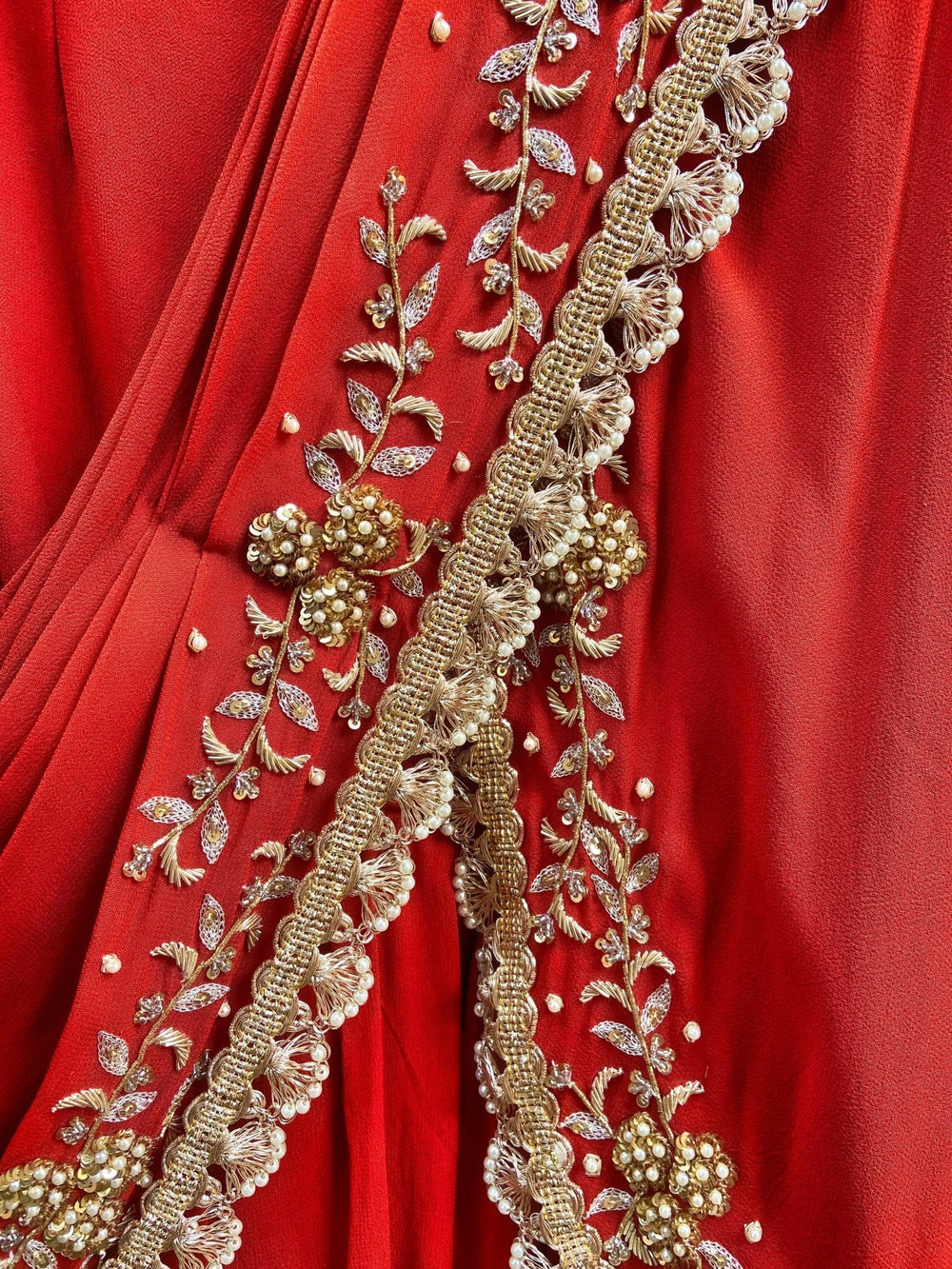 Regal Red Pre-Draped Ruffle Embellished Georgette Saree With Silk Bustier Priti Sahni - Fabilicious Fashion