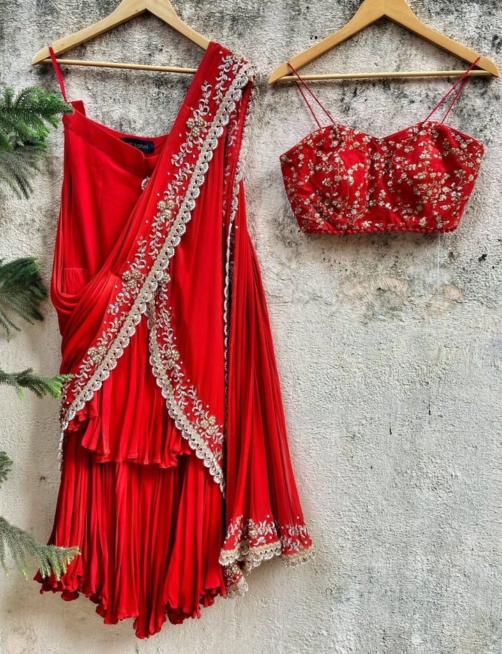 Regal Red Pre-Draped Ruffle Embellished Georgette Saree With Silk Bustier Priti Sahni - Fabilicious Fashion